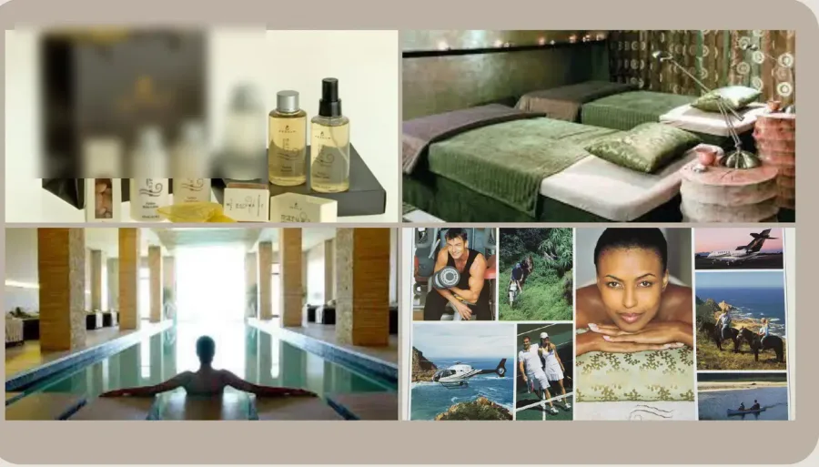 Anonymised spa concept collage showing treatments, product and restorative water
