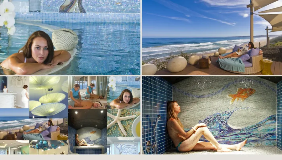 Anonymised coastal spa collage showing water, treatment and ocean views