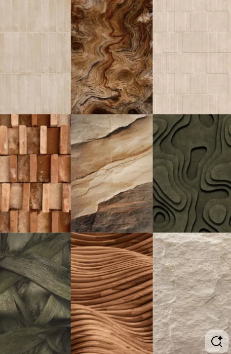 Material palette of stone, clay, botanical fibre and carved organic surfaces