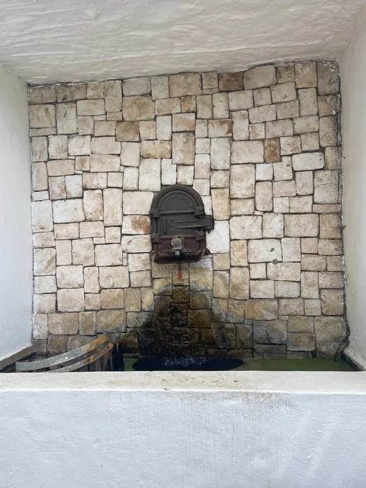 Historic spring source set into a hand-laid stone wall
